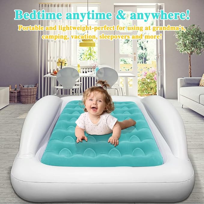 Inflatable Kids Travel Bed Toddler Air Mattress SetPortable Blow Up Mattress Sleeping Bed Cot with Bed Rails and Electric Pump Ideal for Road Trip