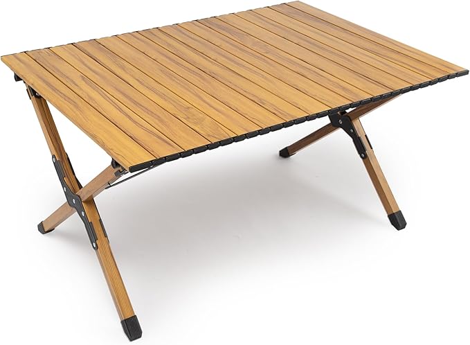 Whitsunday Folding Camping Table Aluminum Portable Roll-Up Picnic Table 4-6 Person for BBQ Backyard Patio Party Wood Grain 34.6 * 23.6 * 17.3