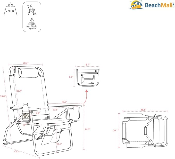 Deluxe XL Tall 17 Inches High Seat Beach Chair for Adults Heavy Duty Aluminum Frame Wide Plus Size 300 lb Capacity