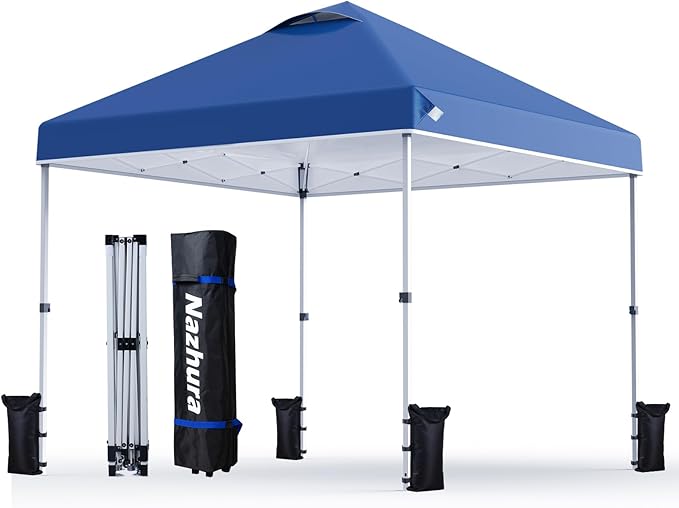 Nazhura 10' x 10' Pop Up Canopy Tent with Sand Weight Bag Freestanding Sun Shelter for Picnic and Camping One Person Setup and Height Adjustable (Blue)