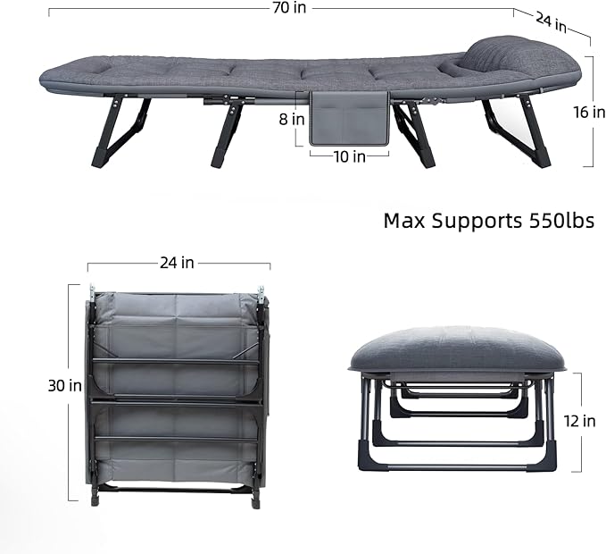 Camping Cot with Mattress No Assembly Required Heavy Duty Folding Camping Cot for Adults 550 Lbs Capacity Adjustable Portable Sleeping Bed for Indoor Outdoor &amp Patio Use (L''70)