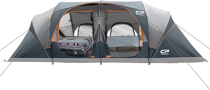 CAMPROS CP Tent 12-Person-Camping-Tents3 Room Family TentsWaterproof Windproof Family Tent with Top Rainfly6 Large Mesh WindowsDouble LayerEasy Set Up Portable with Carry Bag-20' x 9' x 72(H)