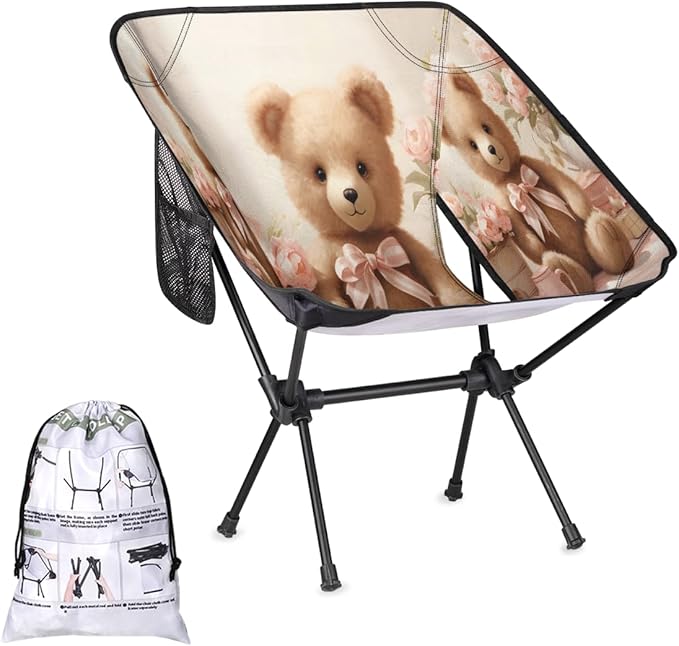 Bear Pattern Camping Chair Lightweight Portable Chairs for Adults Easy Installation Outdoor Foldable Camping Chair for Camping Fishing Hiking Picnic Beach