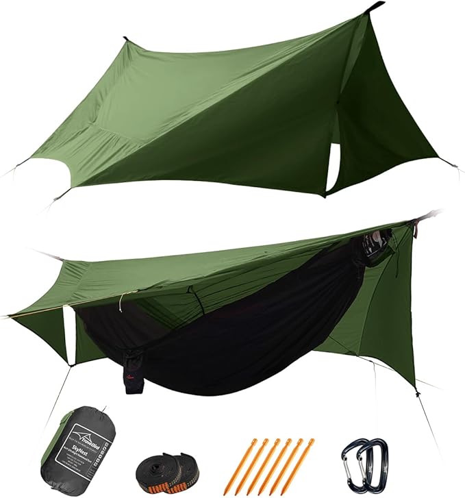 SkyNest 11ft Hammock with Net and Rain Fly Tarp 4 in 1 Camping Hammock Tent Ultralight Portable Double-Layer Hammock with Ridge Rope for Camping Hiking and Backpacking