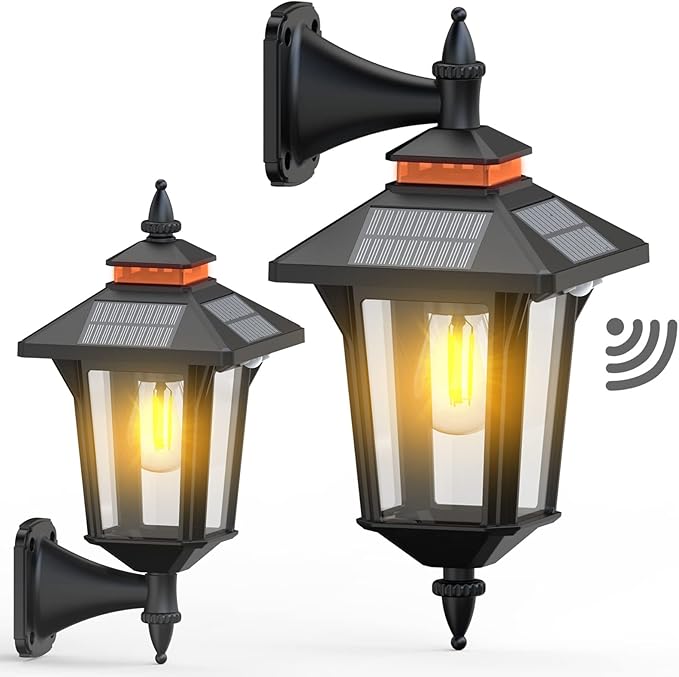 2 Pack Solar Wall Lantern Lights Outdoor with 3 Lighting Modes Motion Sensor Wall Sconce Dusk to Dawn LED Exterior Front Porch Lights Fixtures Wall Mount Waterproof for Garage House Doorway Yard