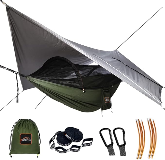 Camping Hammock with Mosquito Net and Rain Fly Tarp Portable Double Hammock with Two Tree Straps 230T Nylon Hammock and Waterproof Rain Fly Set for Hiking Backpacking Overnight (Green)