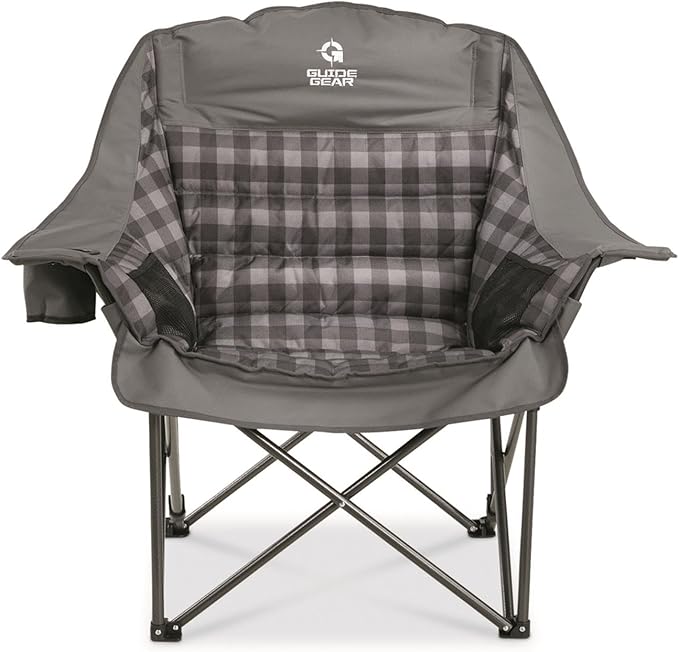 Guide Gear Oversized Extra Large Padded Camping Chair Portable Folding Large Camp Lounge Beach Chairs for Outdoor Adults Men and Women Heavy-Duty 400 Pound Capacity with Cup Holder Gray Plaid