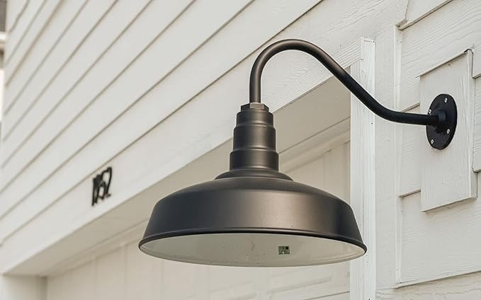 Steel Lighting Co. Gardena Barn Light | Outdoor Wall Mounted | 16 Dome | 11 Gooseneck | Farmhouse Light Made in America | Black Exterior/White Interior