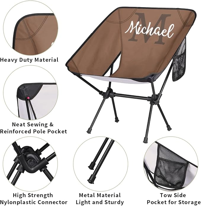 Custom Brown Portable Camping Chair Personalized Backpacking Chair with Name Lightweight Foldable Chairs for Hiking Beach