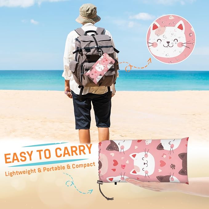 Waterproof Sandproof Beach Blanket 59''×68'' Cute Cats Polyester Outdoor Picnic Blanket with 4 Stakes &amp Storage Bag for BeachCampingVacation Pink