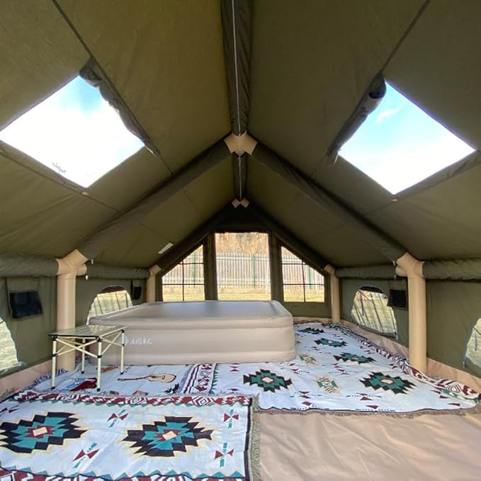 Large Luxury Inflatable Camping Tent Cotton Canvas Tent Breathable and Waterproof Air Tent with Skylight and Stove Jack Hole for for 4-6-8-10 Person Family Camping