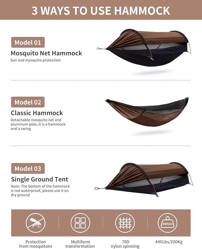 Camping Hammock Tent with Mosquito Net and Sunshade Extra Large for 2 Person Lightweight Hanging Hammocks Tree Straps Bivvy Ground Tent for Outside Hiking and Travel