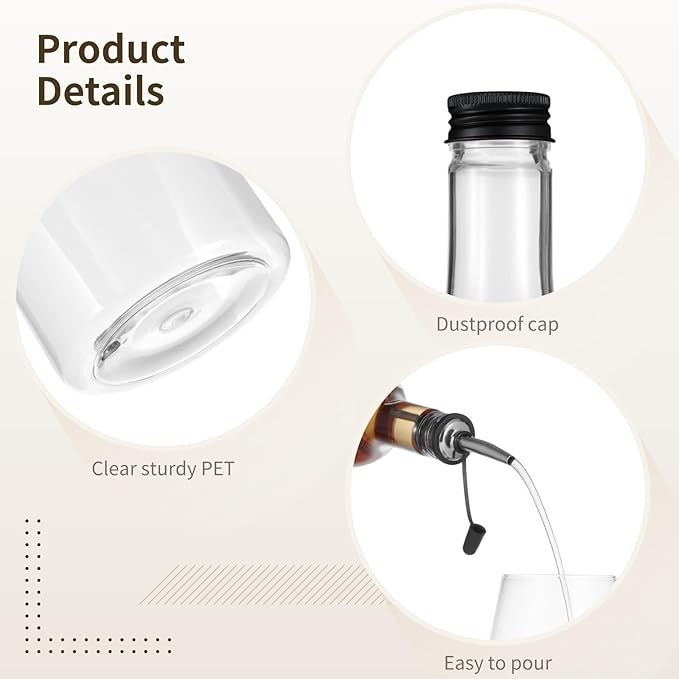Lnrueg 12 Pcs 25 oz Plastic Liquor Bottles with Aluminum Lids and Stainless Steel Pourer - Clear Plastic Wine Bottle PET Long Neck Refillable Bar Bottles for Home Bar Beverages