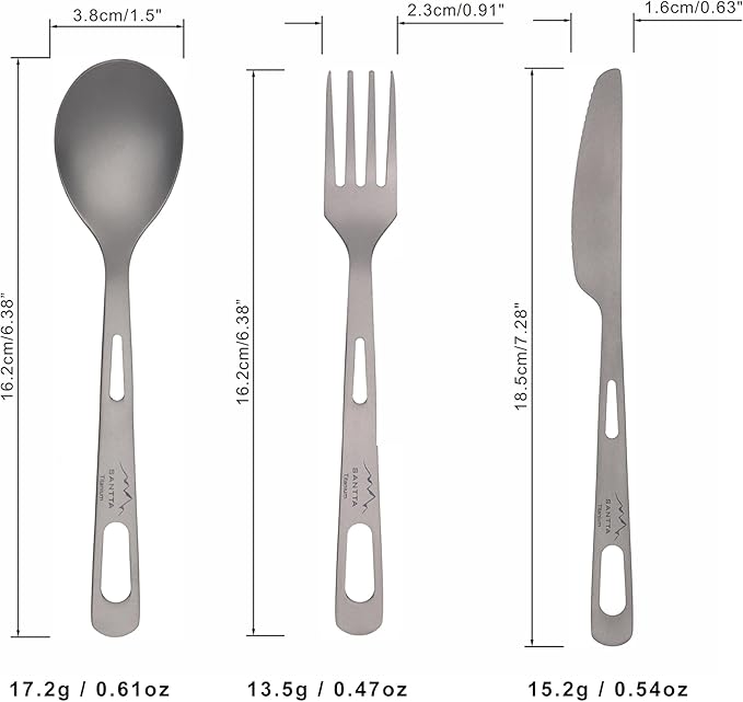 SANTTA Titanium Camping Utensils Ultra Light Spoon Fork Knife 3 Piece Set Cutlery Set with Pouch and Carabiner for Outdoor Camping Hiking Backpacking Hiking Picnic and Travel