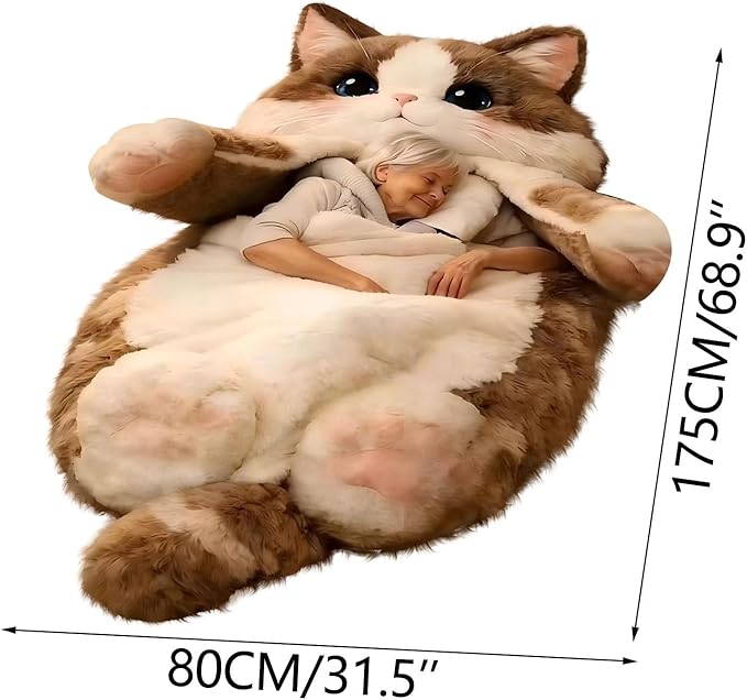 Fluffy Cat Sleeping Bag for Adults Plush Cat Shaped Sleeping Bag for Adults Adorable Cats Envelope Sleeping Bags Washable Warm Blanket for Camping and Home Lounging 68.9x31.5 Inch