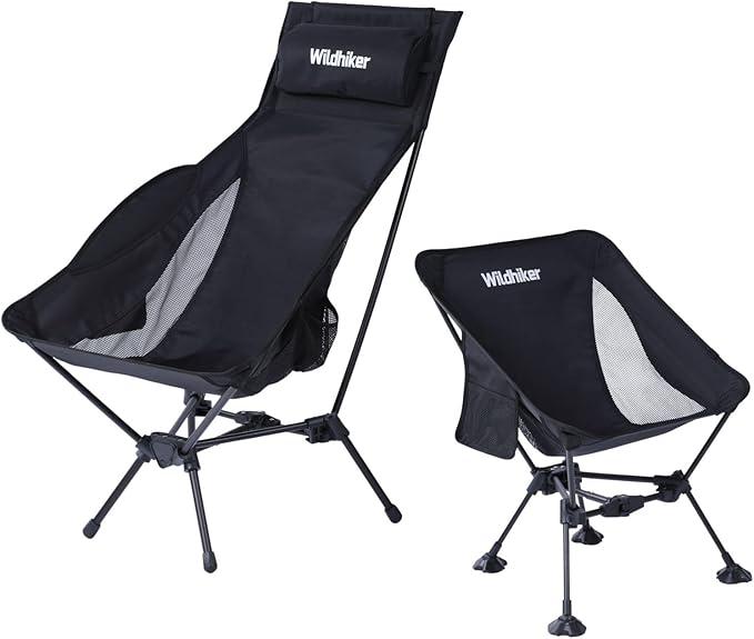 Wildhiker 1 Camping Chairs with Deep Recline and High Back and 1 Compact Folding Portable Chair with Anti-Sinking Stable Base Bundle Lightweight for Backpacking Beach RV Festival Travel