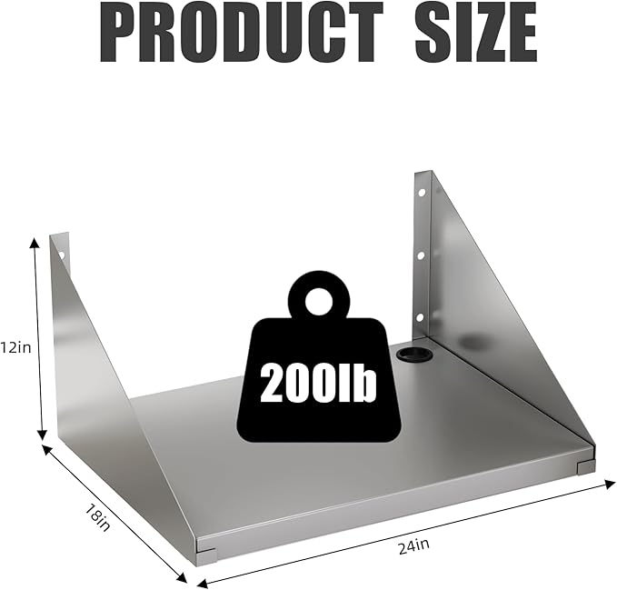 18x24 Stainless Steel Microwave Shelf 200 LB Heavy Duty Metal Wall Mount Floating ShelvingCommercial Microwave Rack for Kitchen Restaurant Bar Home Hotel and Office