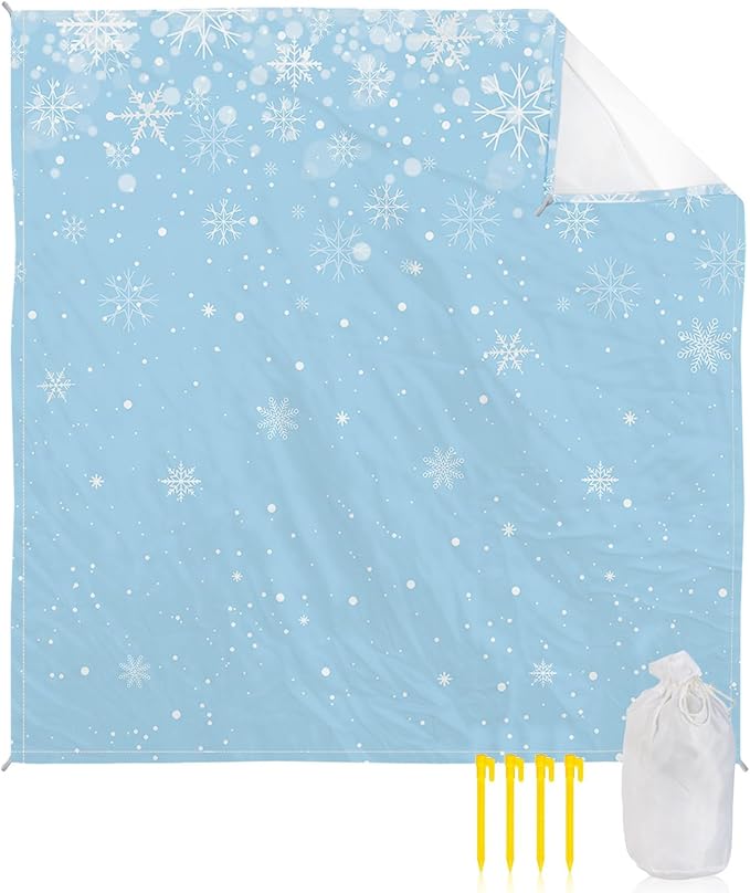 Beach Blanket Waterproof Sandproof OversizedChristmas Winter Snowflakes Beach Mat with Corner Stakes Sand PocketsWhite Snowflake Seamless Blue Outdoor Picnic Mat for Travel Camping 118x108In