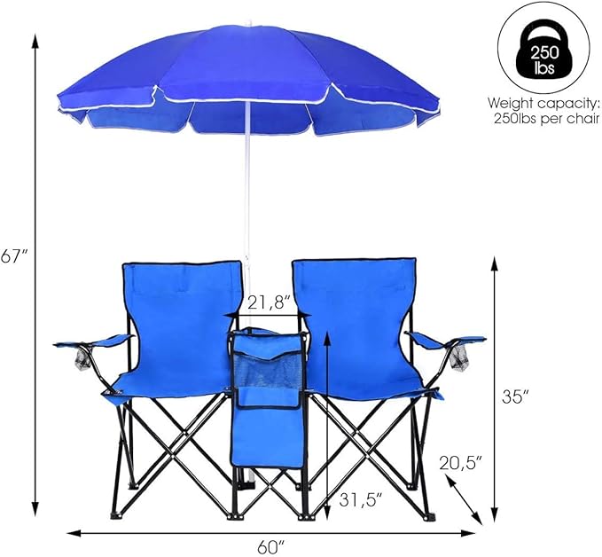 ReunionG Double Portable Camping Chairs Blue 60D x 20.5W x 35H Inch