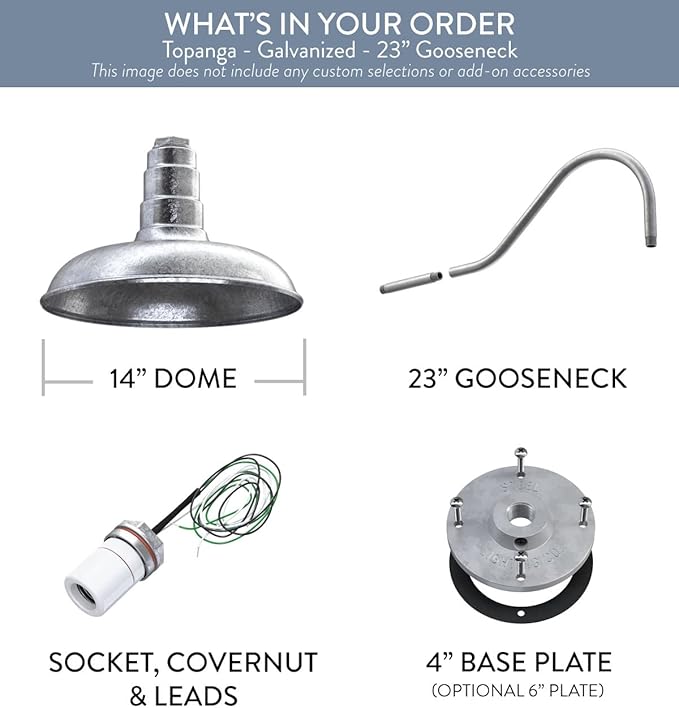 Steel Lighting Co. Topanga Barn Light | Outdoor Wall Mounted | Farmhouse Garage Light Made in America | 14 inch Dome | 23 inch Gooseneck | Galvanized Exterior/Galvanized Interior