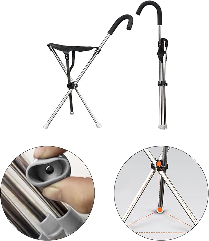 Portable Walking Stick Seat with 3-Leg Stability &amp Anti-Slip Pad for Hiking Fishing and Senior Light Weight Trekkings Rod Chair