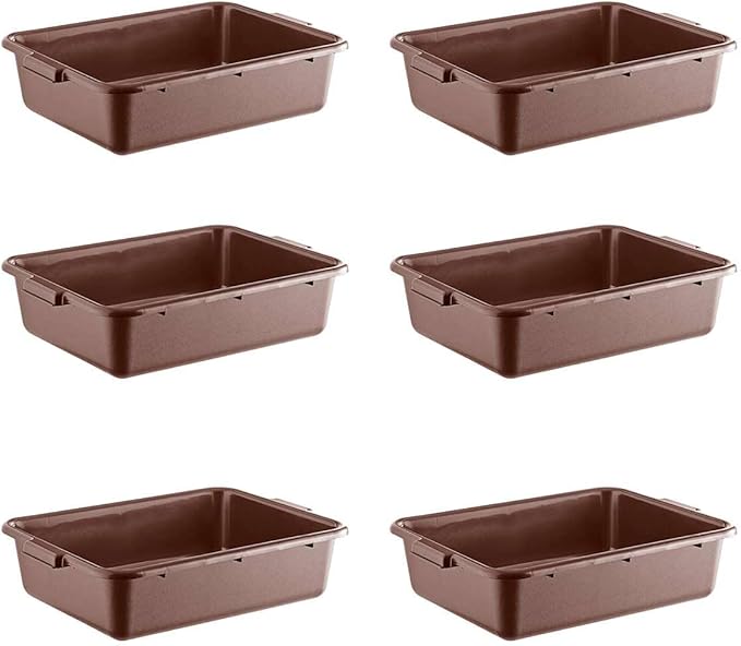 6-Pack 20 x 15 x 5 Commercial Bus Tub/Bus Box - 6.5 Gallons without Lid - Heavy-Duty Polypropylene Dish Box for Restaurants Kitchens and Foodservice - Stackable and Freezer-Safe - Brown