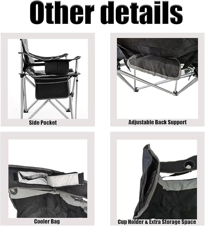 Wild Scape Oversized Folding Camping Chair for Adults Foldable Beach Chairs with Cup Holder Cooler Pocket Storage Bag Heavy Duty Portable Fishing Chair for Outdoor Garden Picnic Grey &amp Blac
