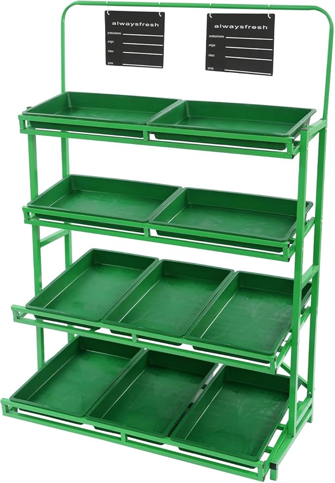 4 Tier Supermarket Fruit Vegetable Storage Rack Retail Display Rack Market Shelf with 10 Slanted Baskets &amp 2 Product Labels Floor Standing Metal Fruit Vegetable Snacks Display Shelf Organizer