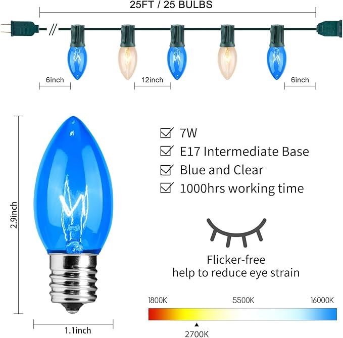 Minetom C9 Blue and Clear Christmas String Lights Outdoor Christmas Lights String Hanging Roofline Lights Patio Lights for Outdoor Decor Green Wire 25 Feet