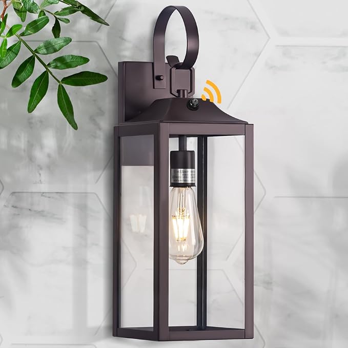 Oil Rubbed Bronze Dusk to Dawn Outdoor Wall Light 19 Large Outside Farmhouse Wall Sconce Brown Industrial Wall Mount Light Fixture Waterproof Porch Lighting Exterior Lamp for House Garage