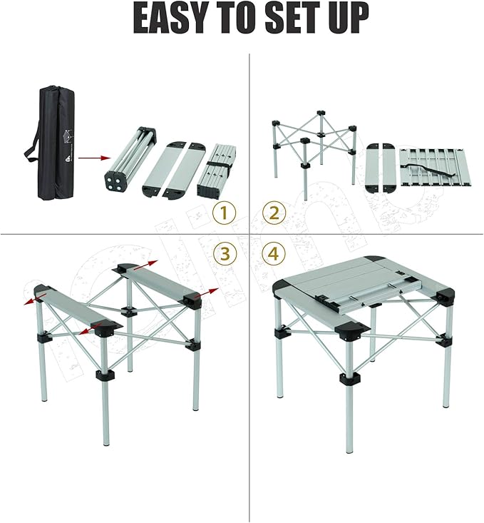 iClimb Lightweight Stable Alu. Folding Square Table Roll Up Top with Carry Bag for Camping Picnic Backyards BBQ Camp Kitchen (Silver S)