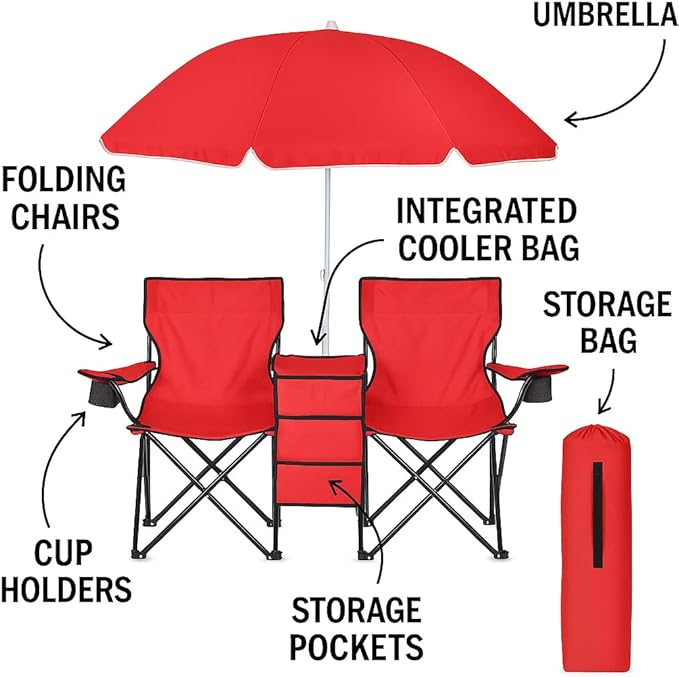 GoTeam Portable Double Folding Chair w/Removable Umbrella Cooler Bag and Carry Case - Red