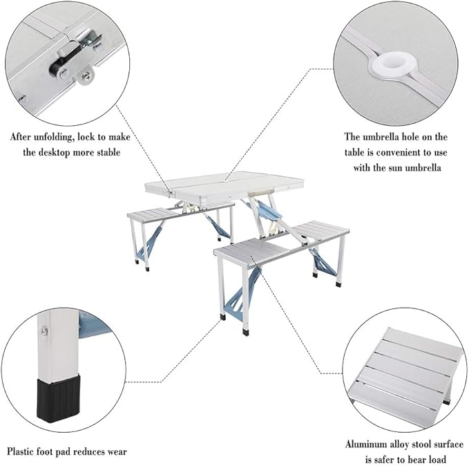 Vasitelan Folding Camping Picnic Table with Seats/Umbrella Hole Lightweight and Fold Up Card Suitcase Table Aluminum Alloy Frame RV Tabletop with Soft Handle (Style 1)