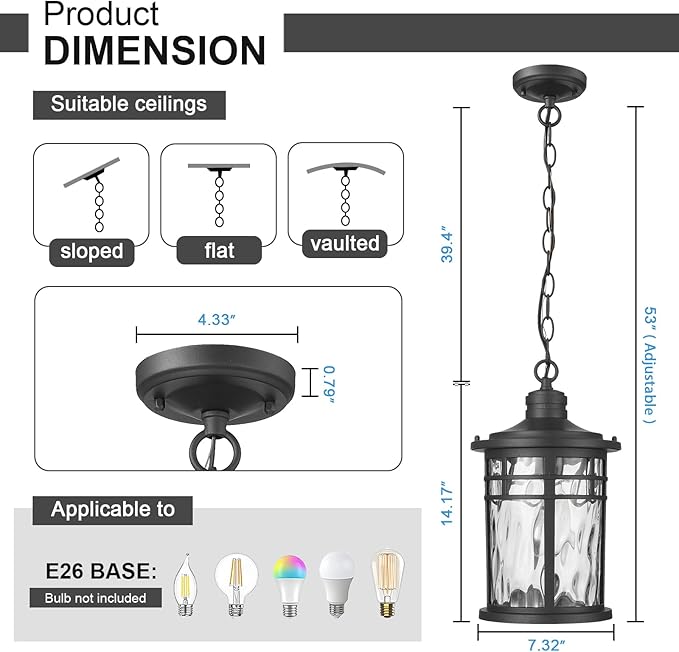 Darkaway Large Outdoor Pendant Lights for Porch 15inch Outdoor Chandelier Hanging Porch Lights Outside Ceiling Mount Aluminum with Water Ripple Glass for Front Porch Gazebo Patio