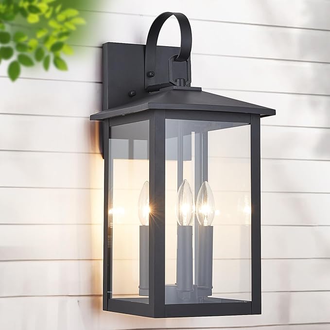3-Light 9 inches Wide 20.5 inches High Large Wall Lantern Light with Textured Black Finish and Clear Glass New Traditional Outdoor Wall Lights for a Porch Patio Garage Barn Foyer