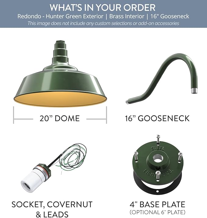 Steel Lighting Co. Large Outdoor Barn Light | Gooseneck Light Fixture | Made in America from 18-Gauge Steel | 20 Dome | 16 Gooseneck Hunter Green Exterior/Brass Interior