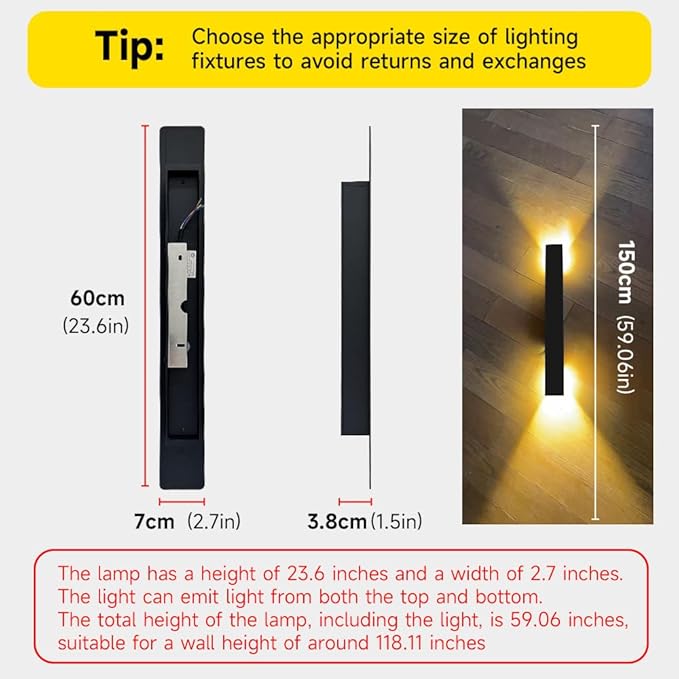 2 Pack Outdoor Wall Sconce 23.6 Inch 24W LED Exterior Light 3000K Warm White Weatherproof Aluminum 110V-240V Vertical &amp Horizontal Mount for Porch Patio Entryway