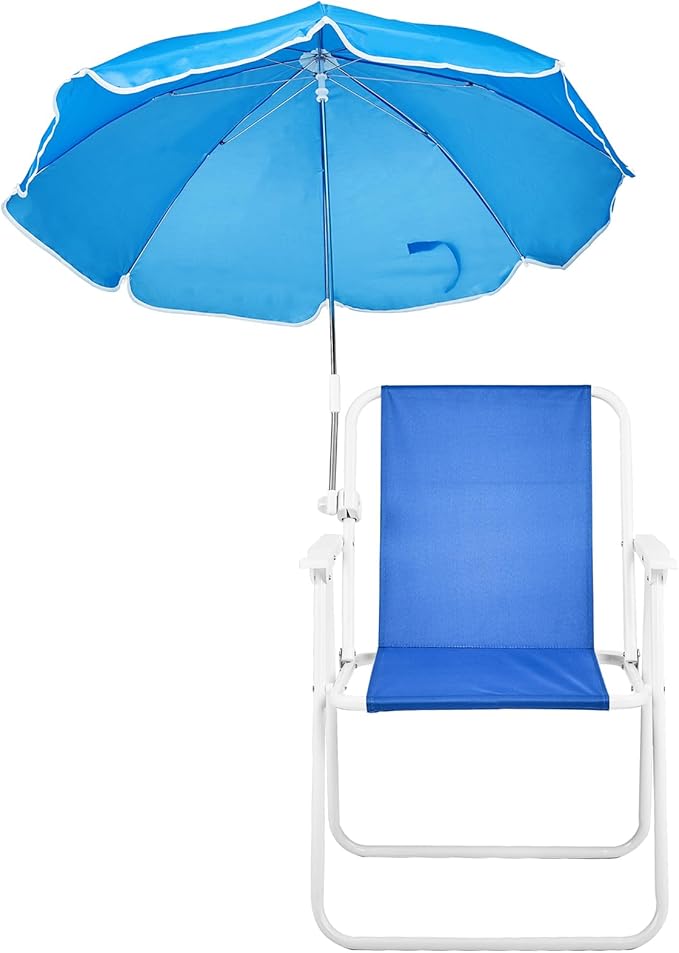 Folding Beach Chair with Umbrella – Portable Lightweight Lounge Chair for Adults with High Back &amp Heavy-Duty Frame UPF Sun Protection for Beach Camping Park Concerts (Blue)