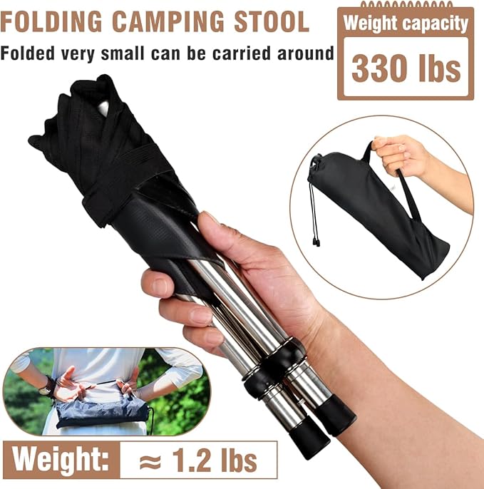 Ultra-Lightweight Camping Stoo - 260lbs Capacity | 13.8in Expanded Height | 1.2lbs Ultra-Light &amp Waterproof | 1-Pull Quick Setup for Camping Hiking Fishing BBQ &amp Waiting in Line (Black)