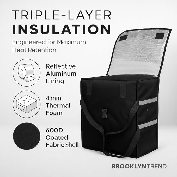 Pizza Bags for Delivery – Insulated Pizza Delivery Bag | Pizza Warmer Carrier for Doordash Uber Eats Catering | Front Load Heavy Duty (Black 20X20X12)