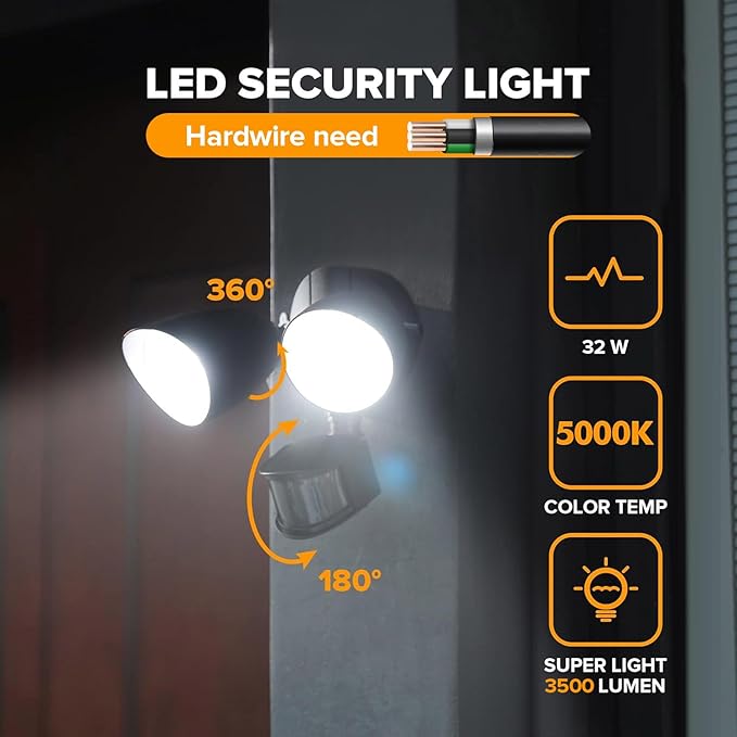 LUTEC 32W 3500 Lumen LED Security Lights Motion Sensor Light Outdoor 5000K Daylight IP65 Waterproof Dusk to Dawn Hardwired Motion Detector Flood Light for Garage Yard Porch-Black