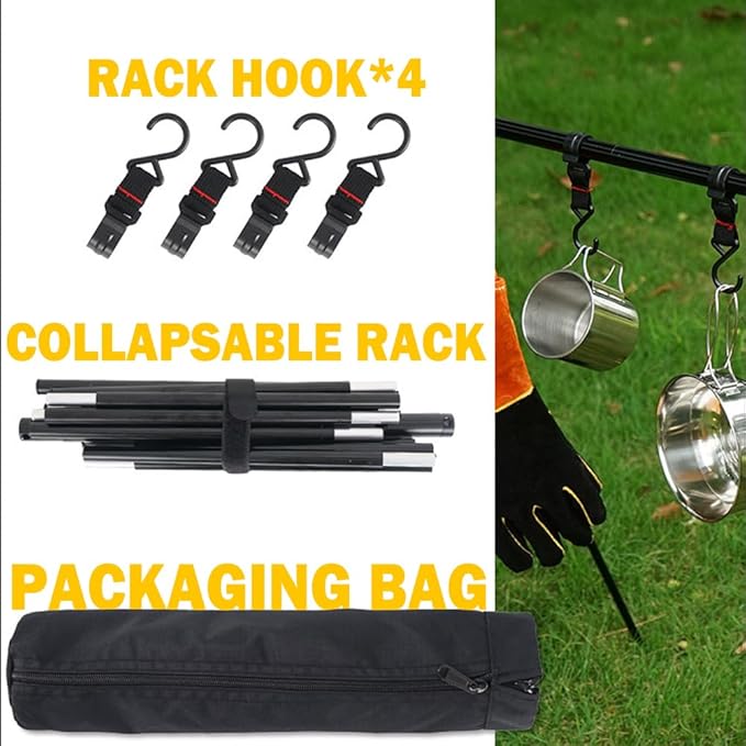 Foldable Tripod Camping Hanging Rack - 4 Hooks Outdoor Cookware Storage Portable Outdoor Camping Folding Rack