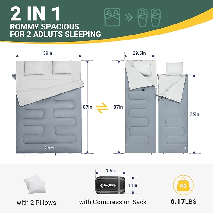 KingCamp Double Camping Sleeping Bag Waterproof Lightweight Soft Queen Size Sleeping Bags 2 Person for Adults Teens Hiking Backpacking Walking Traveling Outdoor 87”x59”