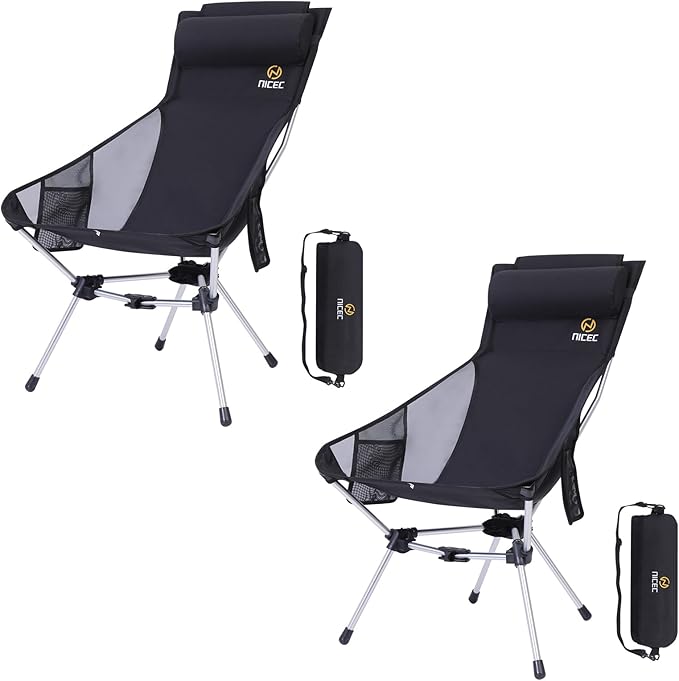 Nice C Ultralight High Back Folding Camping Chair Collapsible Backpacking Chair Compact &amp Heavy Duty Outdoor Travel Picnic Festival with 2 Side Pockets Pillow &ampCarry Bag (Set of 2 Black)