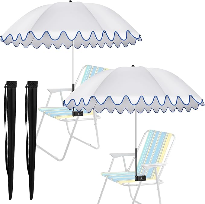 Abbylike 2 Pcs Scalloped Chair Umbrella with Universal Adjustable Clamp 38'' Portable Wheelchair Umbrella UPF 50+ Camping Chair Parasol with Bag for Outdoor Patio Lawn