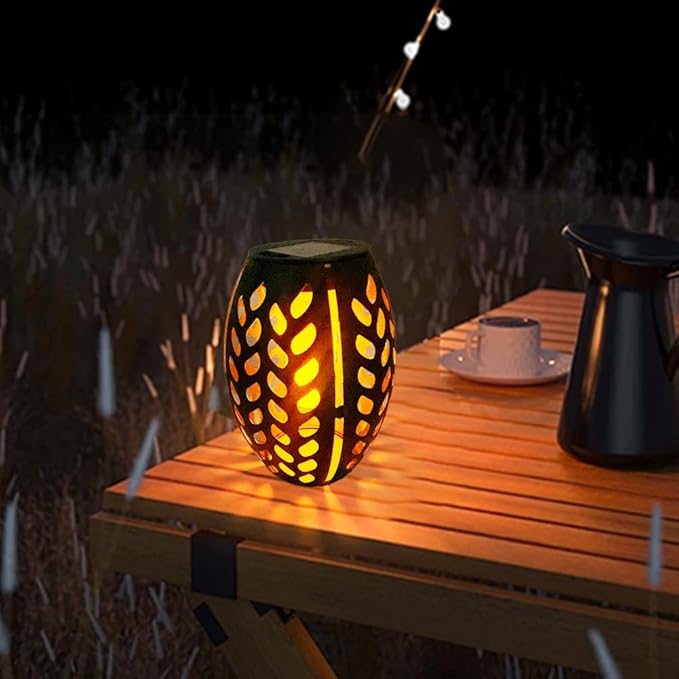 2PCS Solar Table Lanterns with Flickering Flame Light Outdoor Waterproof Metal Desktop Decorative Lamp with Hollow Design for Tabletop Garden 7.3 H Black Leaf
