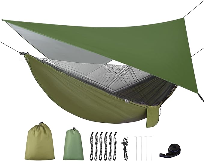 Camping Hammock with Rain Fly Tarp and Mosquito Net Tent Tree Straps Portable Single Double Nylon Parachute Hammock Rainfly Set for Backpacking Hiking Travel Yard Outdoor Activities Green