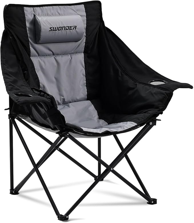 Swonder Oversized Moon Camping Chair with Innovative 2-in-1 Removable Seat Cushion for All Seasons Heavy-Duty Fully Padded Folding Outdoor Chair with Headrest and Carry Bag