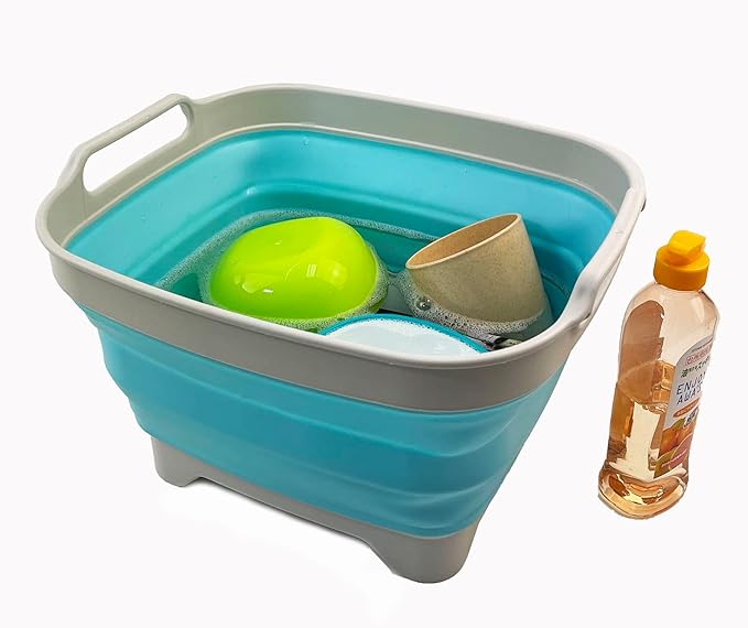 SAMMART 7.5L (2 Gallons) Collapsible Dishpan with Draining Plug - Foldable Washing Basin - Portable Dish Washing Tub - Space Saving y (Grey + Cyanine 2)
