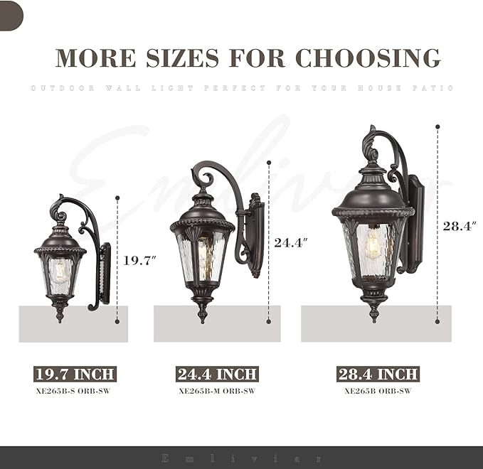 Emliviar 19.7 Outside Wall Sconce Porch Light with Oil Rubbed Bronze Finish Water Ripple Glass Front Door Wall Lighting for Yard XE265B-S ORB-SW
